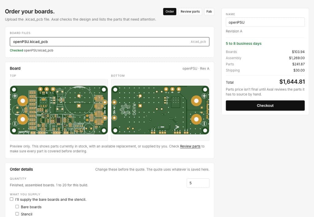 The order page after uploading openPSU.kicad_pcb, with the top and bottom board previews and the price.